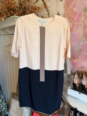 Victoria Beckham Cream, Black & Taupe Vertical-Trim Midi Dress